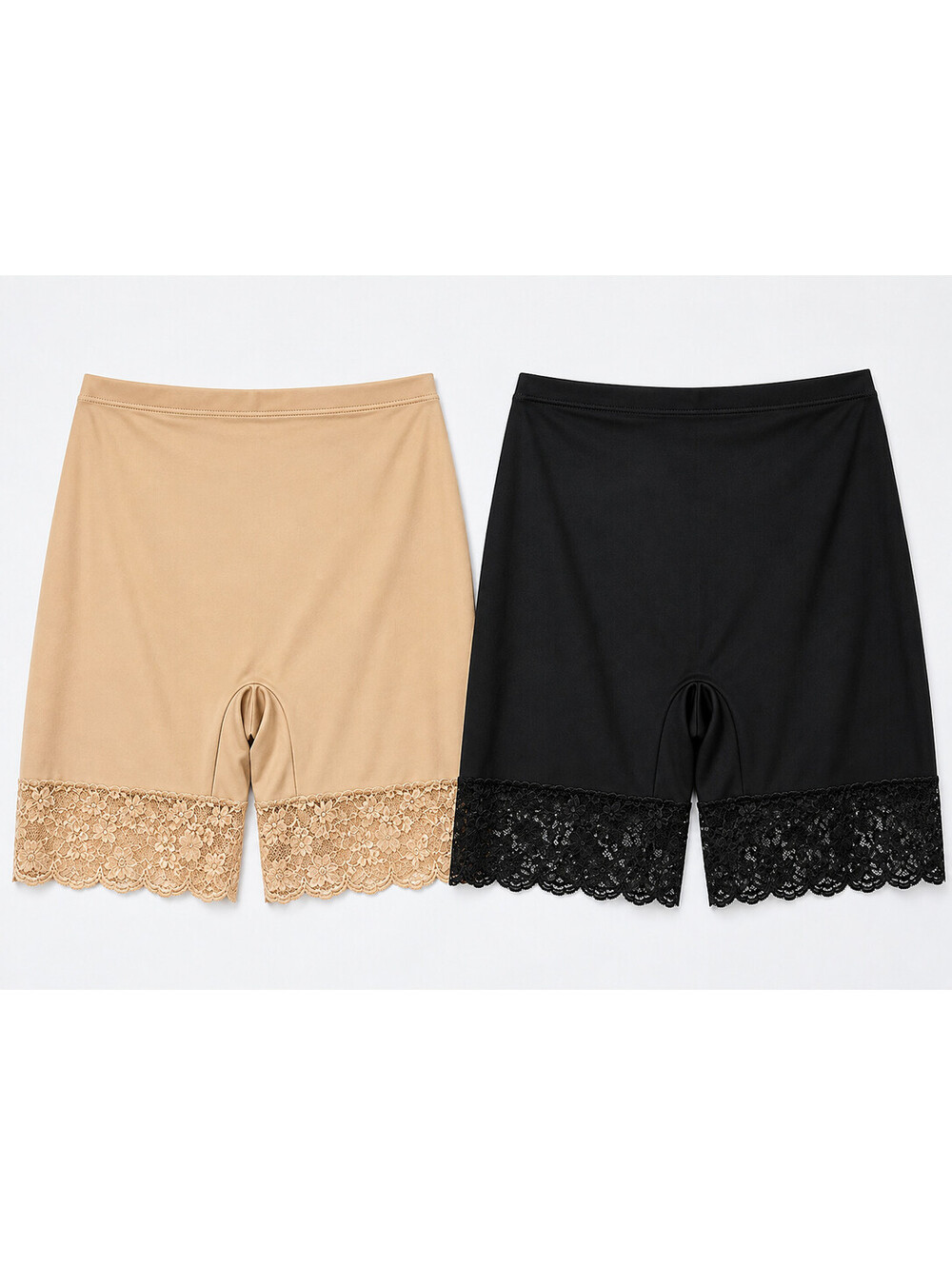 Breezies 4-Way Stretch Slip Short with Lace Trim Set of 2 Sand/Black, Size 3X